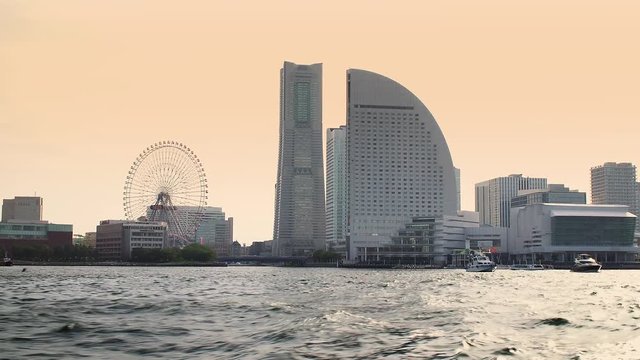 modern buildings in Yokohama bay, view from the sea