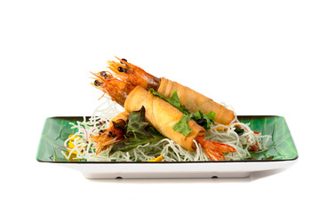 Fried Shrimps wrapped and crispy fried noodles on white background
