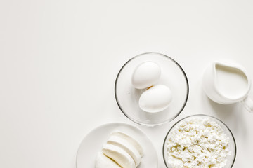 Healthy food concept with milk on white table top view mock-up