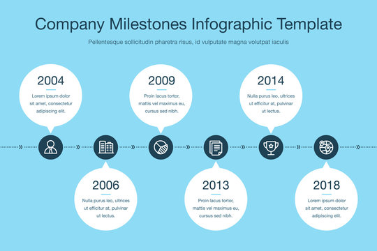 Simple visualization for company milestones timeline template with circles and stroke icons isolated on blue background. Easy to use for your website or presentation.