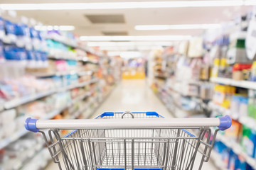 Supermarket grocery store aisle with empty shopping cart business concept