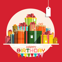 Happy Birthday Card with Paper Gift Boxes Pile. Vector Present Box Pile with Flags on Red Background.