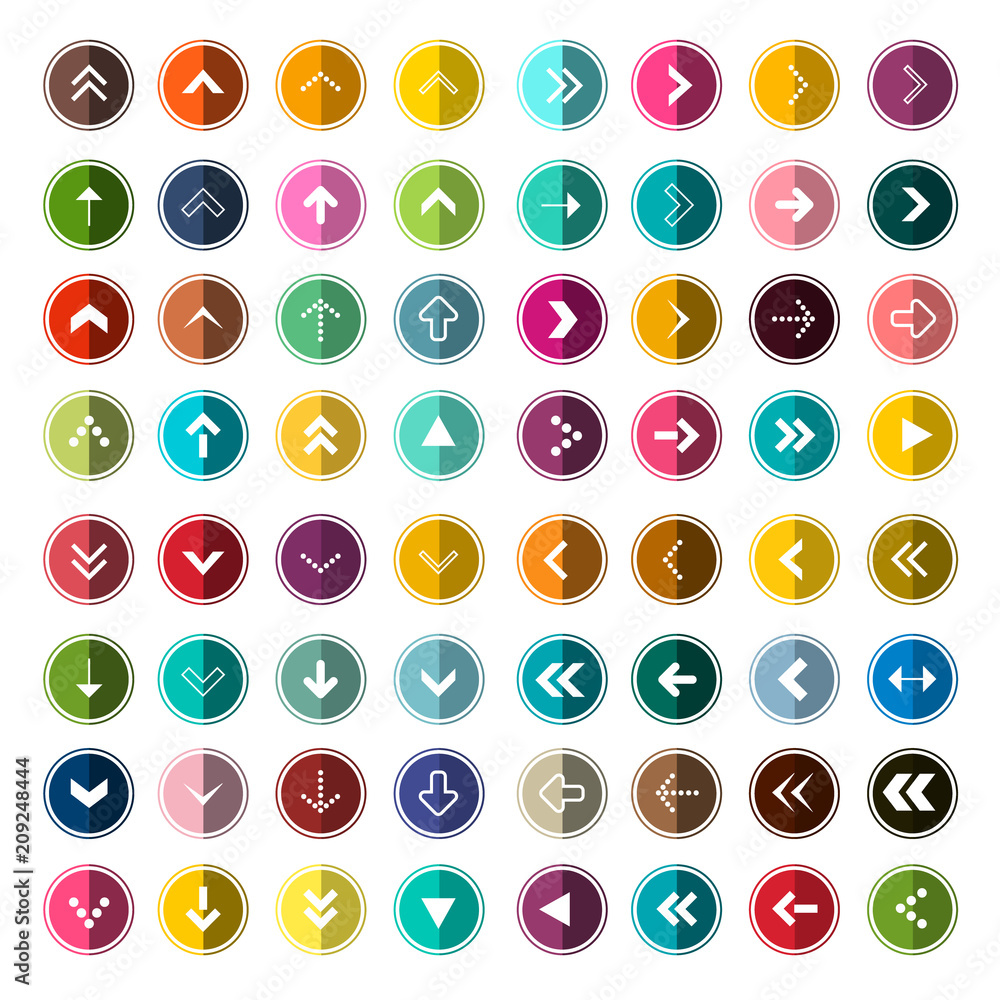 Poster arows icons set for app. vector arrow in circle set. colorful application flat design symbols.