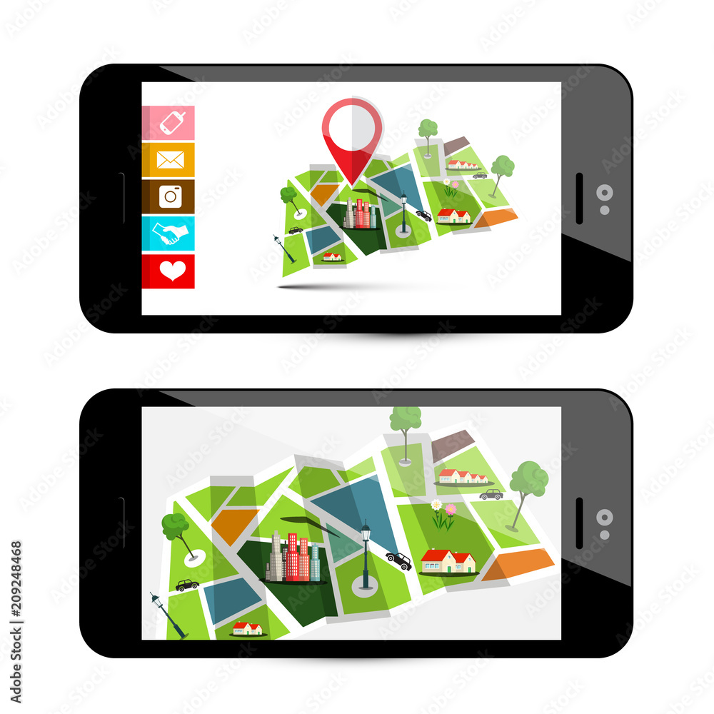 Poster gps navigation concept with city map - smartphone application. mobile phone app with pin and buttons