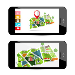 GPS Navigation Concept with City Map - Smartphone Application. Mobile Phone App with Pin and Buttons.