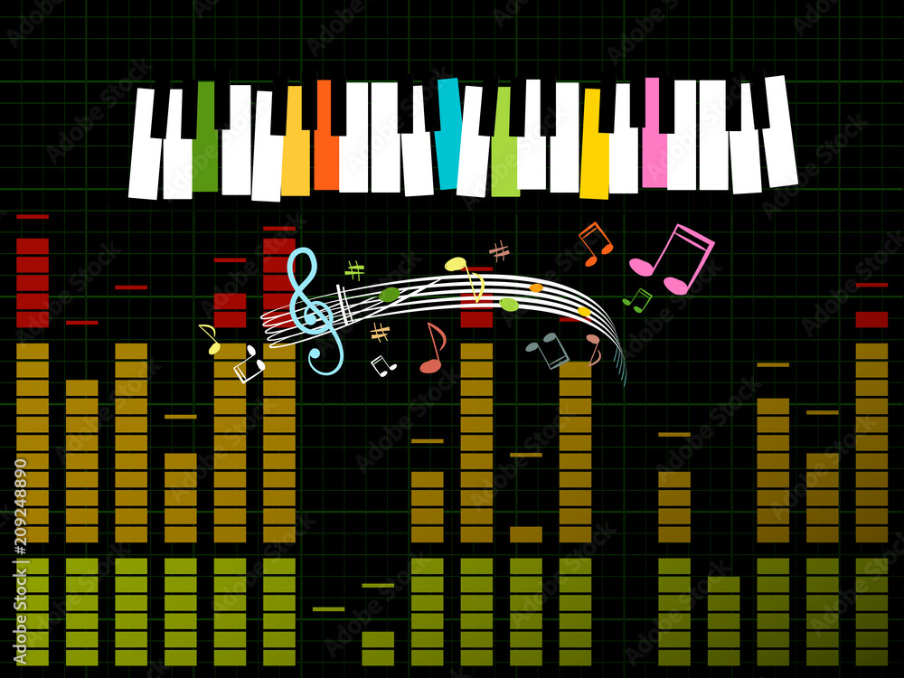 Poster music studio background with keyboard, frequency - gain graph and notes - vector