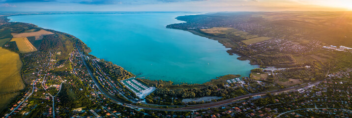 Balatonfuzfo, Hungary - Panoramic aerial skyline view of the north-east corner of Lake Balaton at...