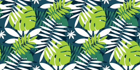 Fototapeta na wymiar Simple green tropical leaves design seamless pattern