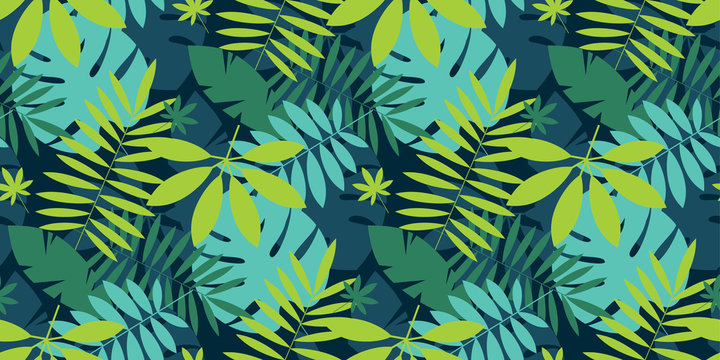 Simple green tropical leaves design seamless pattern