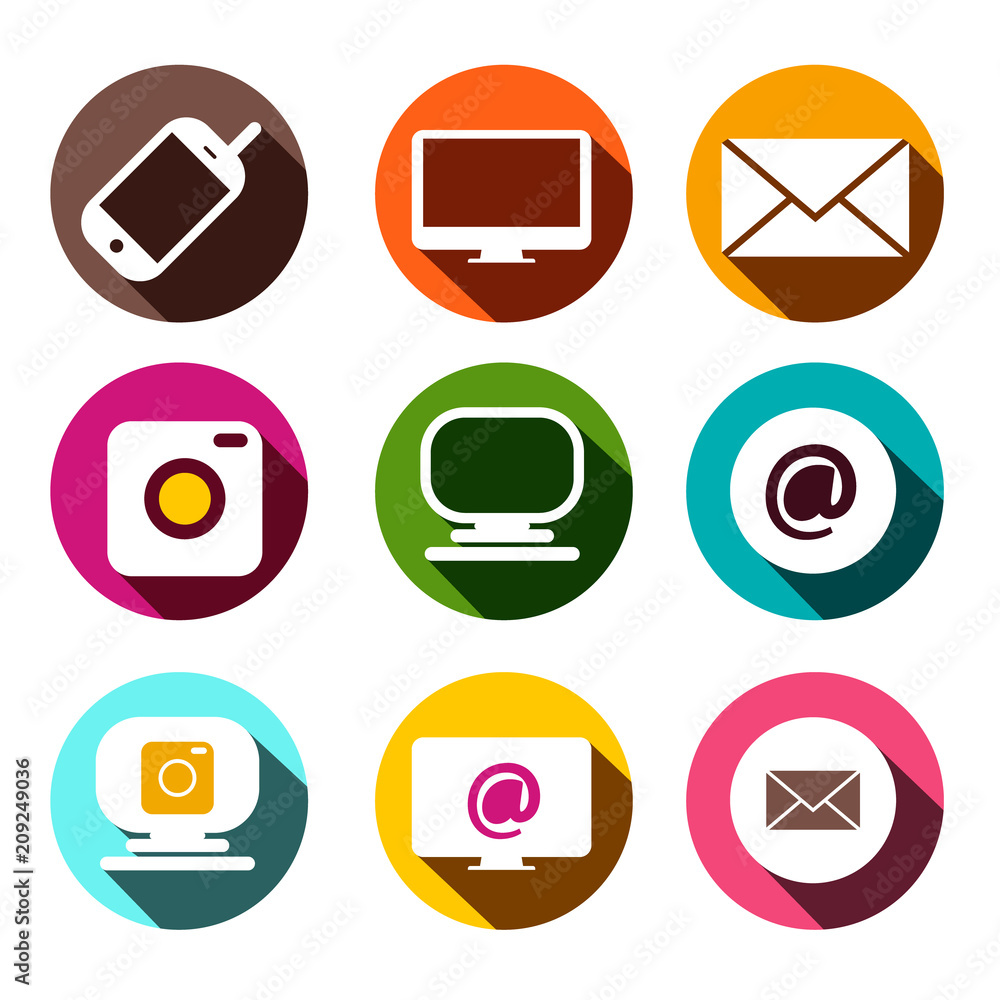 Poster computer, cellphone camera, at - email and camera icons. vector flat design technology items app sym