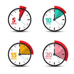5, 10, 15, 20 Minutes Analog Clock Icons. Vector Time Symbol.