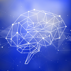 human brain of triangles, lines & dots located on a blue technological background - conceptual illustration symbolizing artificial intelligence & modern biotechnology & HUD interface