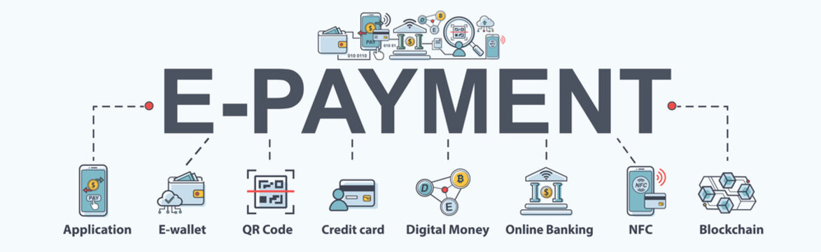 E-payment Banner Web Icon For Business, Application, E-wallet, NFC, QR Code, Digital Money, Digital Banking And Block Chain System Payment. Minimal Vector Infographic.