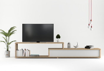 3D render of studio with Smart TV, cabinet, decoration.