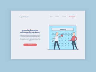 Time and terms of assignment concept at web page template. Characters marking date on calendar with red color - time management and online calendar theme in flat vector illustration.