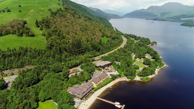 Aerial image of the picturesque village of Luss on the banks of Loch Lomond.