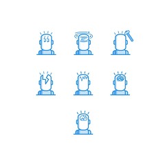 Headache types outline icons set - various symbols of human head with different pain isolated on white background. Line pictograms of migraine symptom in vector illustration.