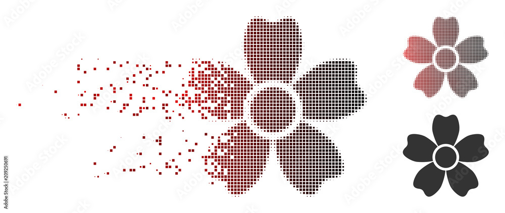 Poster vector flower icon in dispersed, dotted halftone and undamaged whole variants. disappearing effect u