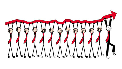 12 men in ties are carrying a red arrow, a growth chart. Ahead in a black suit is the leader. Metaphor of leadership and teamwork. Vector graphics.