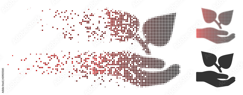 Poster vector flora care hand icon in sparkle, pixelated halftone and undamaged whole versions. disappearin