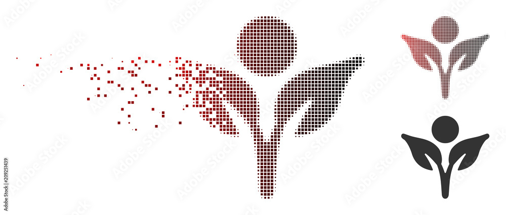 Poster vector eco man icon in dispersed, dotted halftone and undamaged whole variants. disappearing effect 