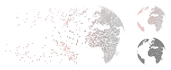 Vector dotted abstract globe icon in fractured, dotted halftone and undamaged solid variants. Disappearing effect involves rectangle sparks and horizontal gradient from red to black. © Aha-Soft