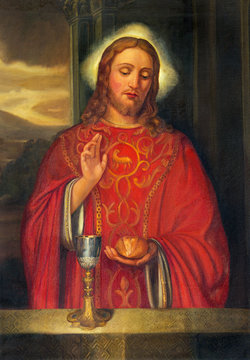 PARMA, ITALY - APRIL 15, 2018: The painting of Jesus Christ as the priest in  church Chiesa di San Giovanni Evangelista by unknown artist.
