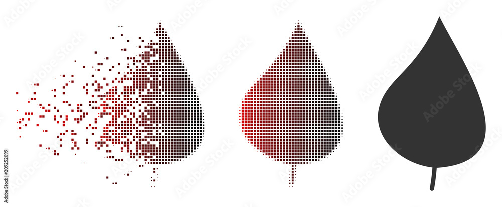 Poster vector plant leaf icon in dispersed, pixelated halftone and undamaged whole variants. disappearing e