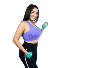 beautiful plus size Asian woman doing workout with dumbbells, isolated on white background