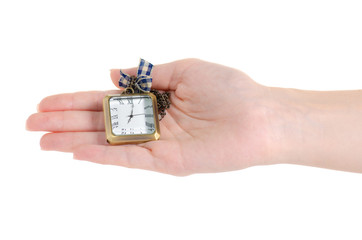 Fototapeta premium Clock on chain in hand on white background isolation