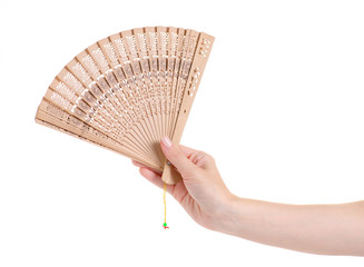 Bamboo fan in hand air on white background isolation