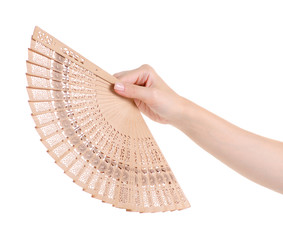 Bamboo fan in hand air on white background isolation