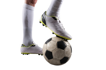 Soccer player with soccerball ready to play. Isolated on white background
