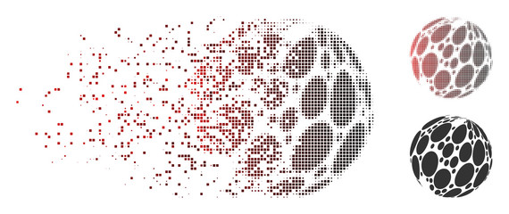 Vector spotted abstract sphere icon in fractured, pixelated halftone and undamaged solid versions. Disappearing effect involves rectangle particles and horizontal gradient from red to black.