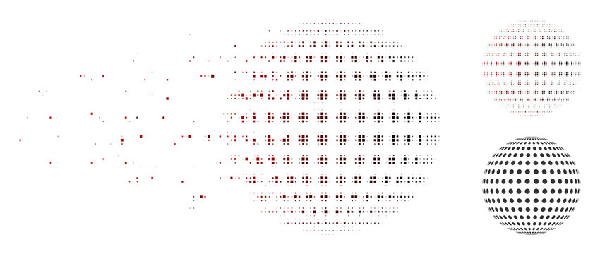 Vector abstract dotted sphere icon in fractured, pixelated halftone and undamaged solid variants. Disappearing effect involves square particles and horizontal gradient from red to black.