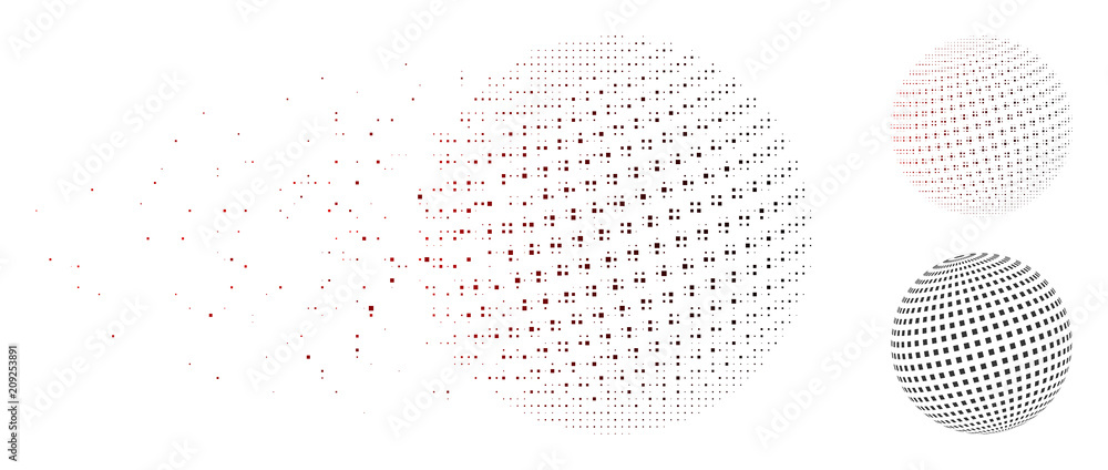 Aufkleber vector square dotted abstract sphere icon in fractured, pixelated halftone and undamaged whole versi