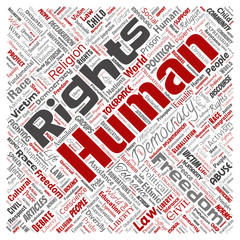 Vector conceptual human rights political freedom, democracy square red  word cloud isolated background. Collage of humanity tolerance, law principles, people justice or discrimination concept