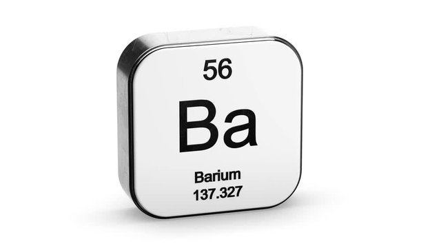 Barium element symbol from the periodic table on white metallic rounded square icon 3D animation