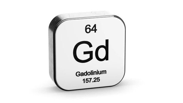 Gadolinium element symbol from the periodic table on white metallic rounded square icon 3D animation