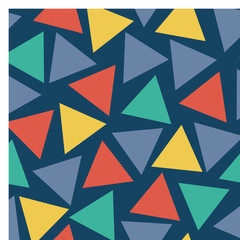 Fototapeta na wymiar Triangles scattered teal, orange, mustard, light blue on a dark blue background. Seamless vector pattern. Cooordinate for my 