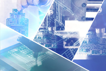 Collage of computer boards with visual effects in a futuristic style. The concept of modern and future technologies