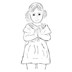 simple sketch young girl, greeting gesture, isolated on white