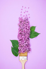 Wooden bristle brush with purple lilac flowers