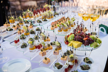 appetizers on skewers, desserts. fruit smoothie. Salads. Snacks. Buffet	