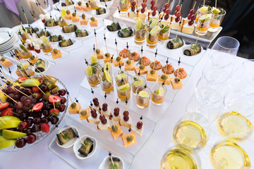 appetizers on skewers, desserts. fruit smoothie. Salads. Snacks. Buffet	