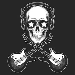 Cool rock star skull wearing disco glasses and headphones Retro music festival. Wings. Heavy metall emblem for concert, poster, t-shirt