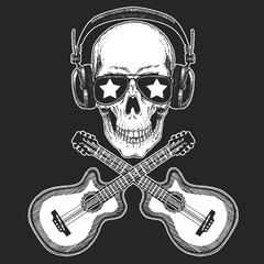 Cool rock star skull wearing disco glasses and headphones Retro music festival. Wings. Heavy metall emblem for concert, poster, t-shirt