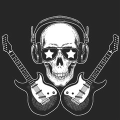 Cool rock star skull wearing disco glasses and headphones Retro music festival. Wings. Heavy metall emblem for concert, poster, t-shirt
