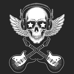 Cool rock star skull wearing disco glasses and headphones Retro music festival. Wings. Heavy metall emblem for concert, poster, t-shirt