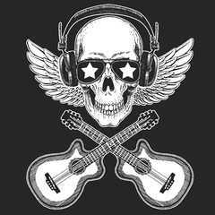 Cool rock star skull wearing disco glasses and headphones Retro music festival. Wings. Heavy metall emblem for concert, poster, t-shirt